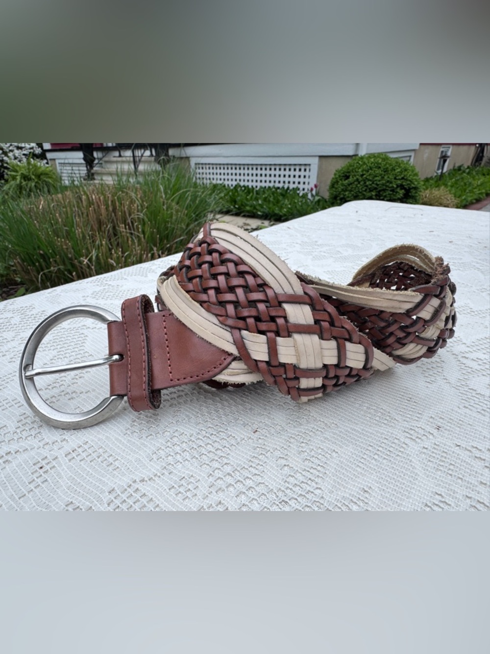 Woven Leather Women’s Belt in Brown and Cream